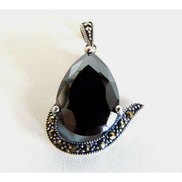 Sterling Silver Gem Pendant Black Teardrop Hematite Marcasite For Necklace 18mm - Picture 1 of 7
